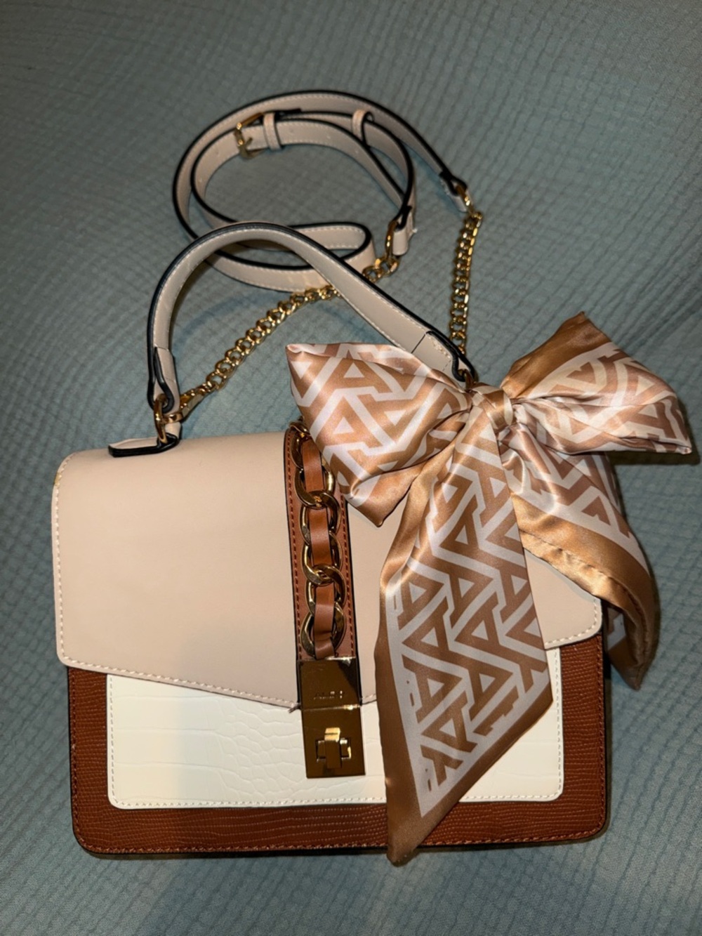 Aldo Two-Tone Cream & Brown Top-Handle Satchel with Bow